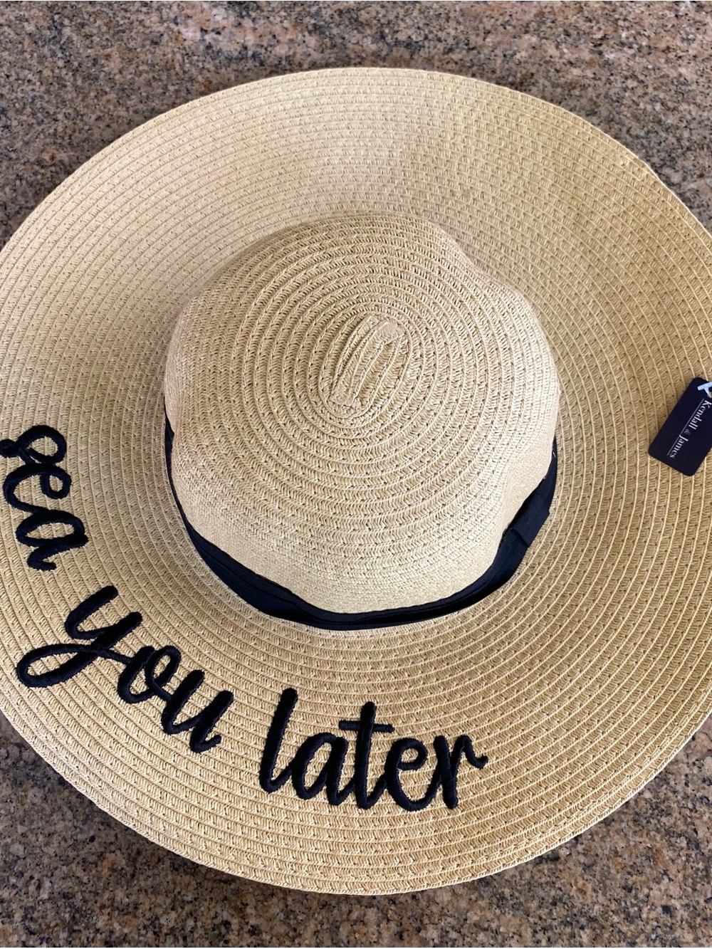 Wide Brim Straw Sun Hat with Black Script